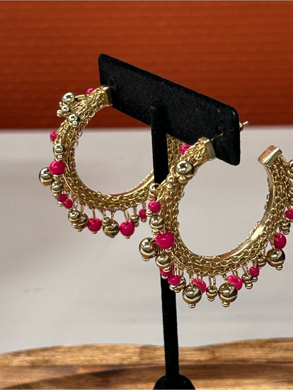 Gold Hoop Earrings with Pink Beaded Accents